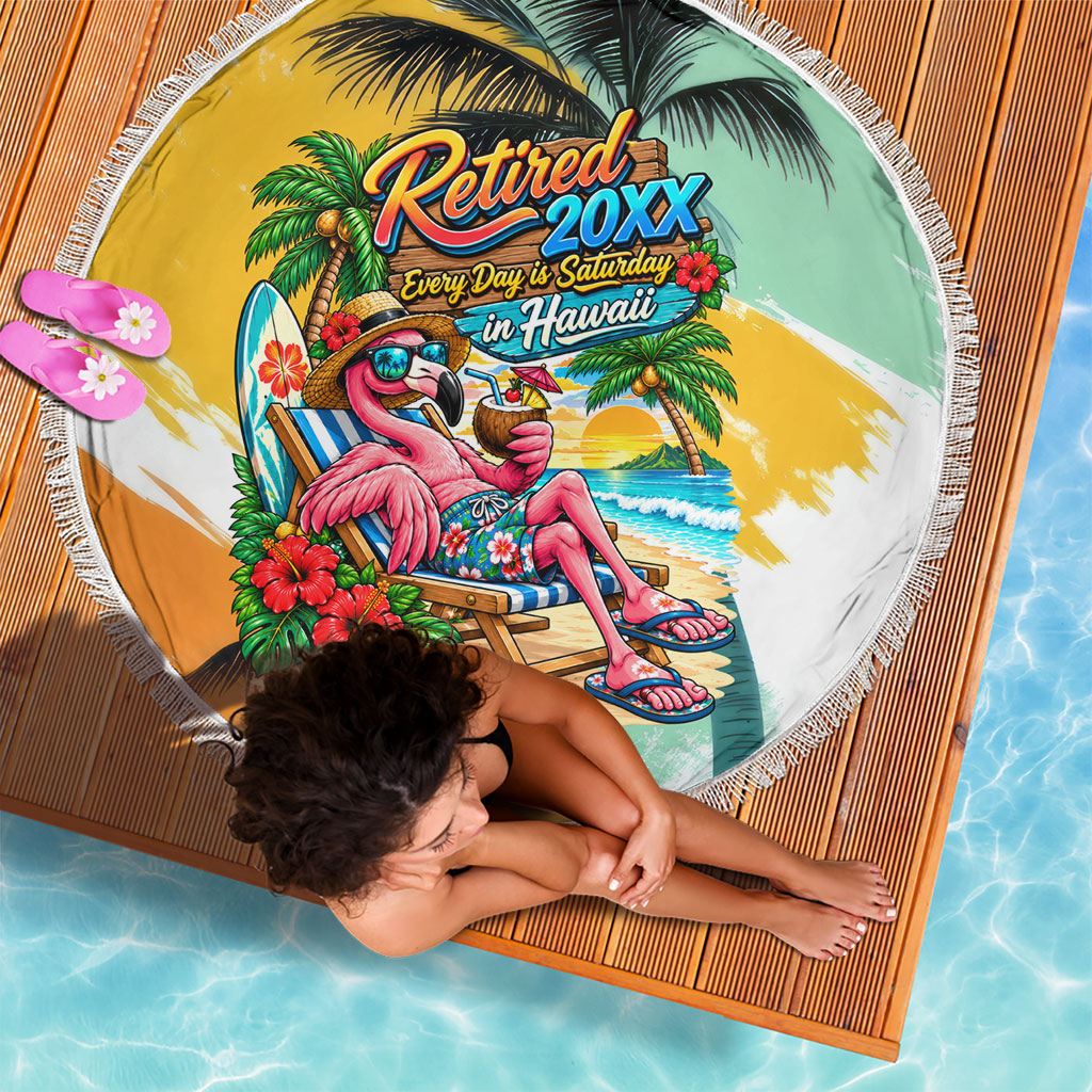Hawaii Retirement Vacation Beach Blanket Tropical Sunset Beach Pink Flamingo Surfboard Palm Tree TS04 - Polynesian Pride