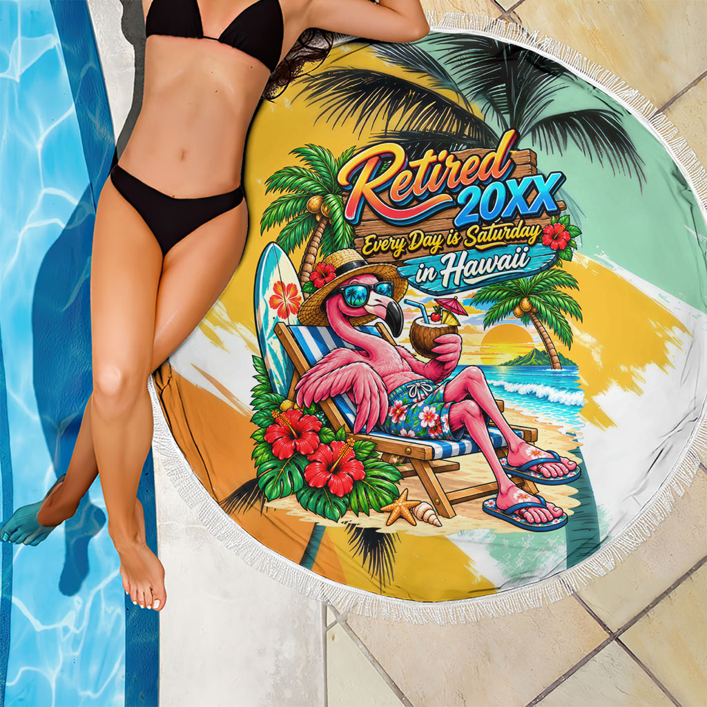 Hawaii Retirement Vacation Beach Blanket Tropical Sunset Beach Pink Flamingo Surfboard Palm Tree TS04 - Polynesian Pride