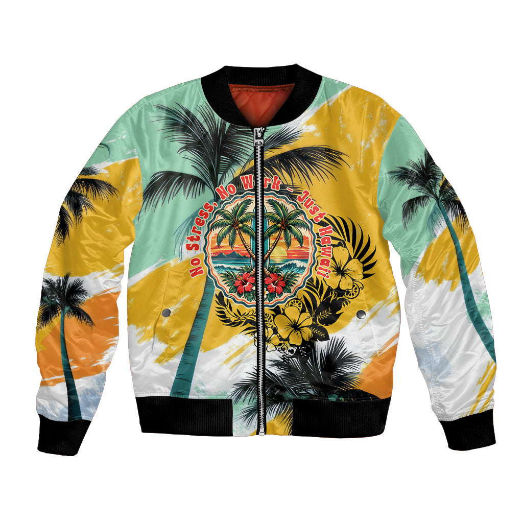 Hawaii Retirement Vacation Bomber Jacket Tropical Sunset Beach Pink Flamingo Surfboard Palm Tree TS04 Unisex Yellow Green - Polynesian Pride