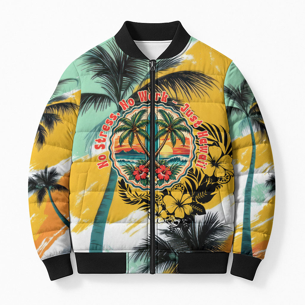 Hawaii Retirement Vacation Bomber Puffer Jacket Tropical Sunset Beach Pink Flamingo Surfboard Palm Tree TS04 Unisex Yellow Green - Polynesian Pride