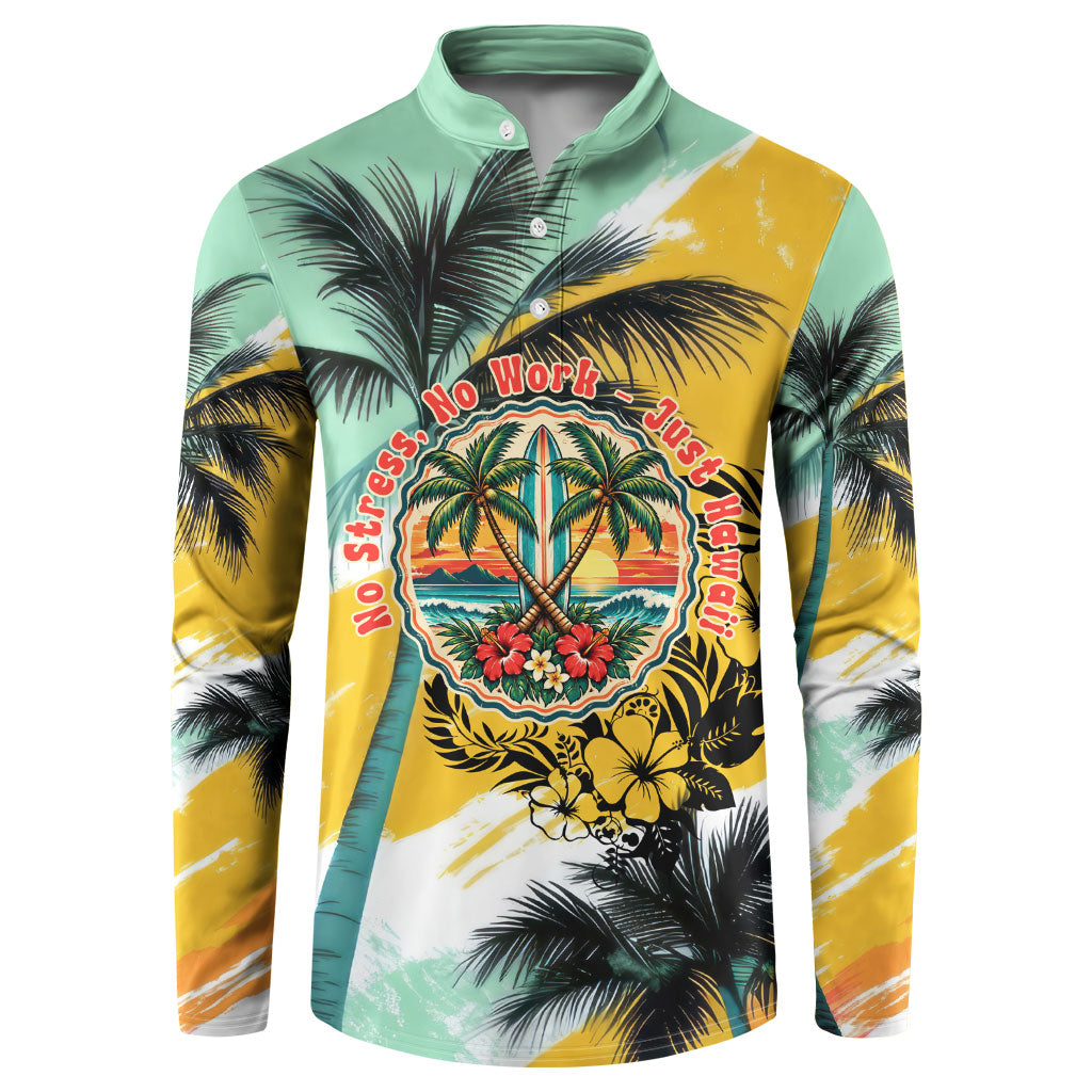 Hawaii Retirement Vacation Button Sweatshirt Tropical Sunset Beach Pink Flamingo Surfboard Palm Tree TS04 Yellow Green - Polynesian Pride