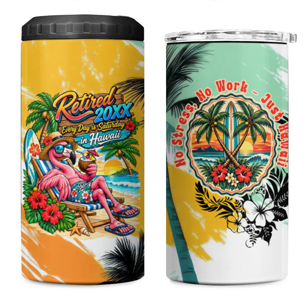 Hawaii Retirement Vacation 4 in 1 Can Cooler Tumbler Tropical Sunset Beach Pink Flamingo Surfboard Palm Tree TS04 One Size: 16 oz Yellow Green - Polynesian Pride