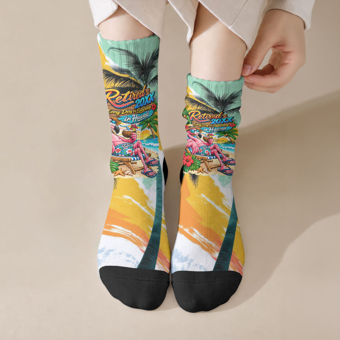 Hawaii Retirement Vacation Crew Socks Tropical Sunset Beach Pink Flamingo Surfboard Palm Tree TS04 Crew Socks Yellow Green - Polynesian Pride