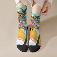 Hawaii Retirement Vacation Crew Socks Tropical Sunset Beach Pink Flamingo Surfboard Palm Tree TS04 Crew Socks Yellow Green - Polynesian Pride