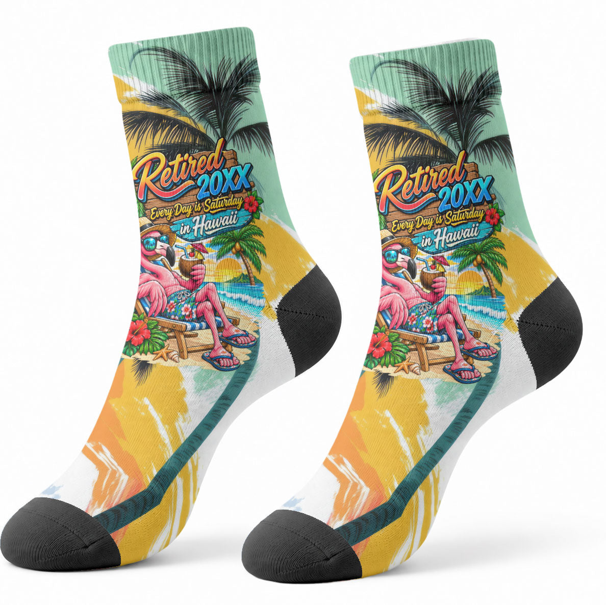 Hawaii Retirement Vacation Crew Socks Tropical Sunset Beach Pink Flamingo Surfboard Palm Tree TS04 - Polynesian Pride
