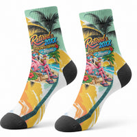 Hawaii Retirement Vacation Crew Socks Tropical Sunset Beach Pink Flamingo Surfboard Palm Tree TS04 - Polynesian Pride