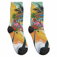 Hawaii Retirement Vacation Crew Socks Tropical Sunset Beach Pink Flamingo Surfboard Palm Tree TS04 - Polynesian Pride