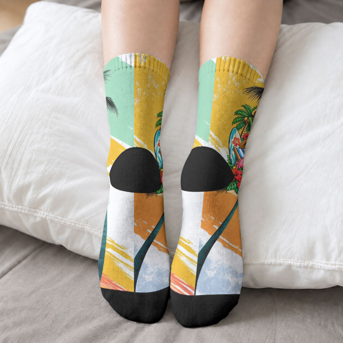 Hawaii Retirement Vacation Crew Socks Tropical Sunset Beach Pink Flamingo Surfboard Palm Tree TS04 - Polynesian Pride