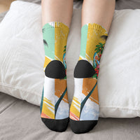 Hawaii Retirement Vacation Crew Socks Tropical Sunset Beach Pink Flamingo Surfboard Palm Tree TS04 - Polynesian Pride