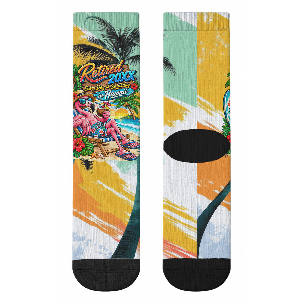 Hawaii Retirement Vacation Crew Socks Tropical Sunset Beach Pink Flamingo Surfboard Palm Tree TS04 - Polynesian Pride