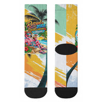 Hawaii Retirement Vacation Crew Socks Tropical Sunset Beach Pink Flamingo Surfboard Palm Tree TS04 - Polynesian Pride