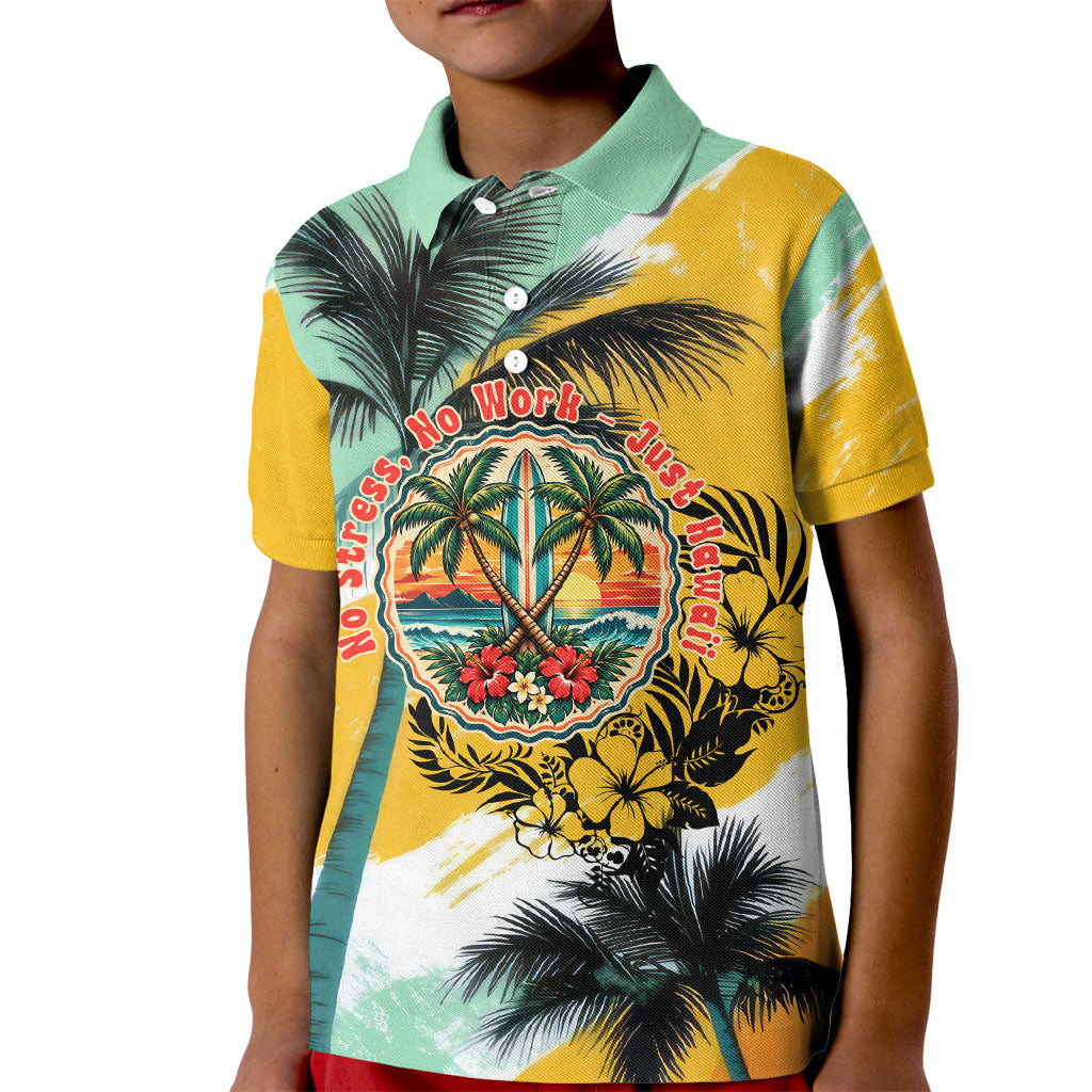 Hawaii Retirement Vacation Kid Polo Shirt Tropical Sunset Beach Pink Flamingo Surfboard Palm Tree TS04 Kid Yellow Green - Polynesian Pride