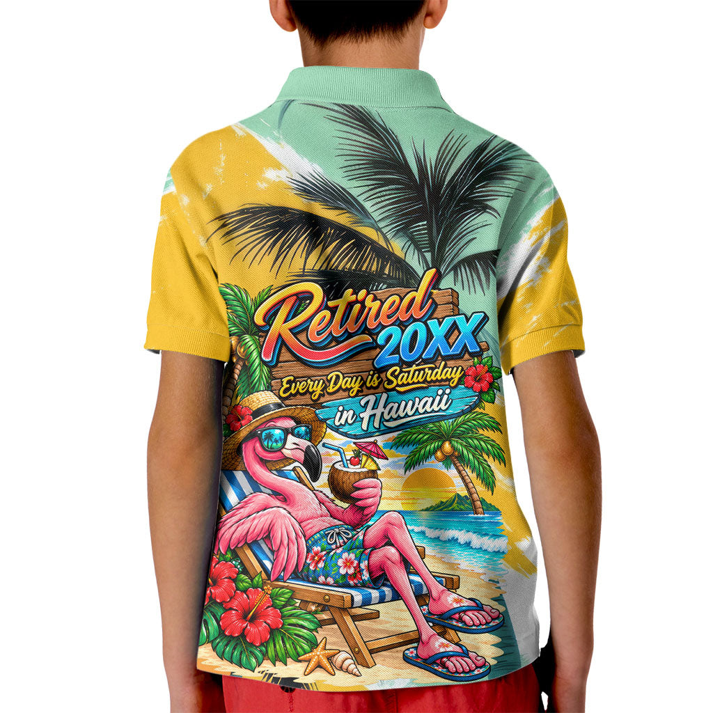 Hawaii Retirement Vacation Kid Polo Shirt Tropical Sunset Beach Pink Flamingo Surfboard Palm Tree TS04 - Polynesian Pride