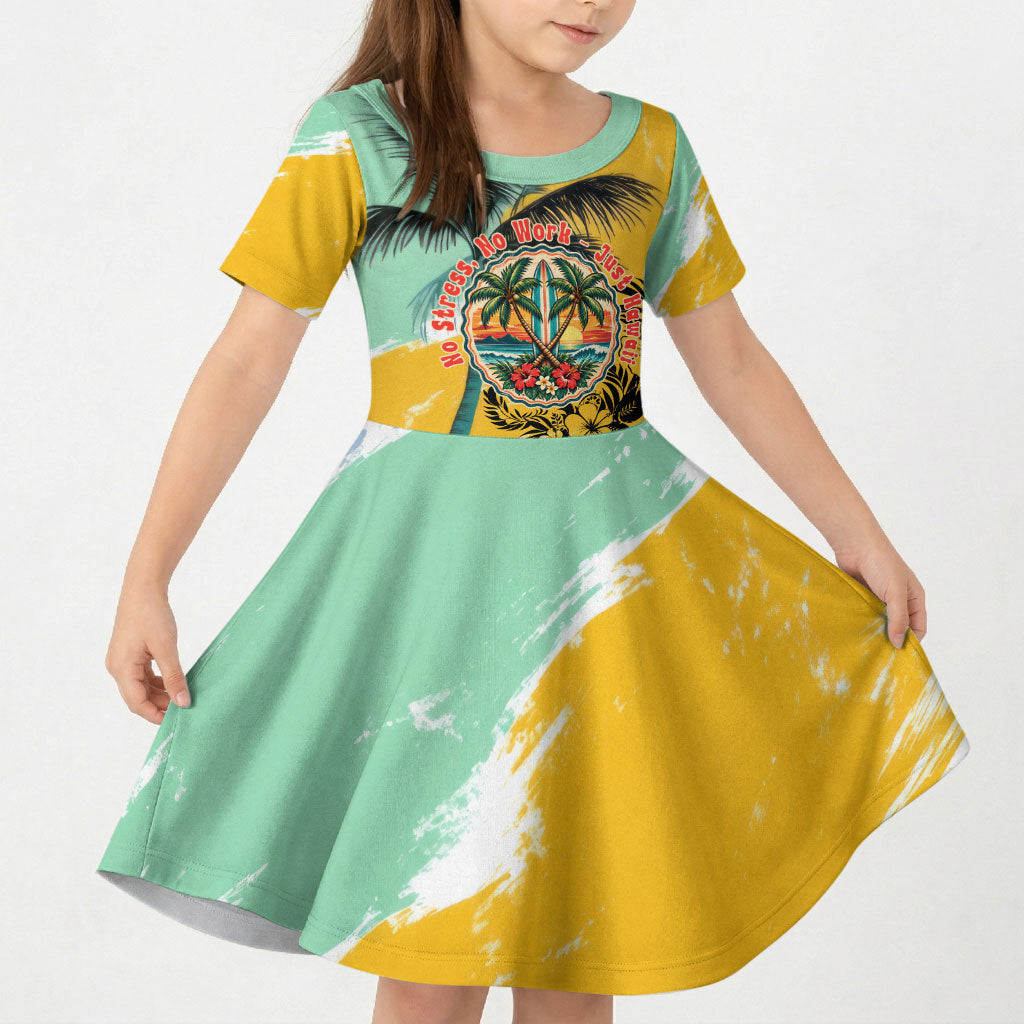 Hawaii Retirement Vacation Kid Short Sleeve Dress Tropical Sunset Beach Pink Flamingo Surfboard Palm Tree TS04 KID Yellow Green - Polynesian Pride