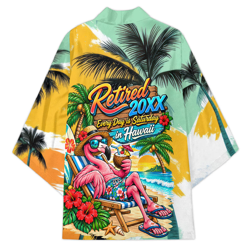 Hawaii Retirement Vacation Kimono Tropical Sunset Beach Pink Flamingo Surfboard Palm Tree TS04 - Polynesian Pride
