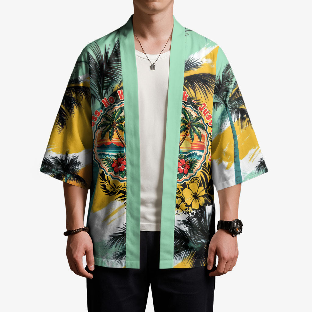 Hawaii Retirement Vacation Kimono Tropical Sunset Beach Pink Flamingo Surfboard Palm Tree TS04 - Polynesian Pride