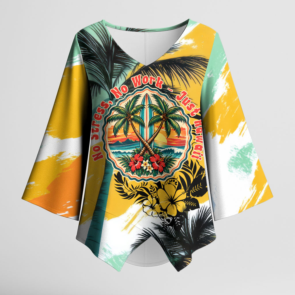 Hawaii Retirement Vacation Kimono Sleeve Blouse Tropical Sunset Beach Pink Flamingo Surfboard Palm Tree TS04 Female Yellow Green - Polynesian Pride