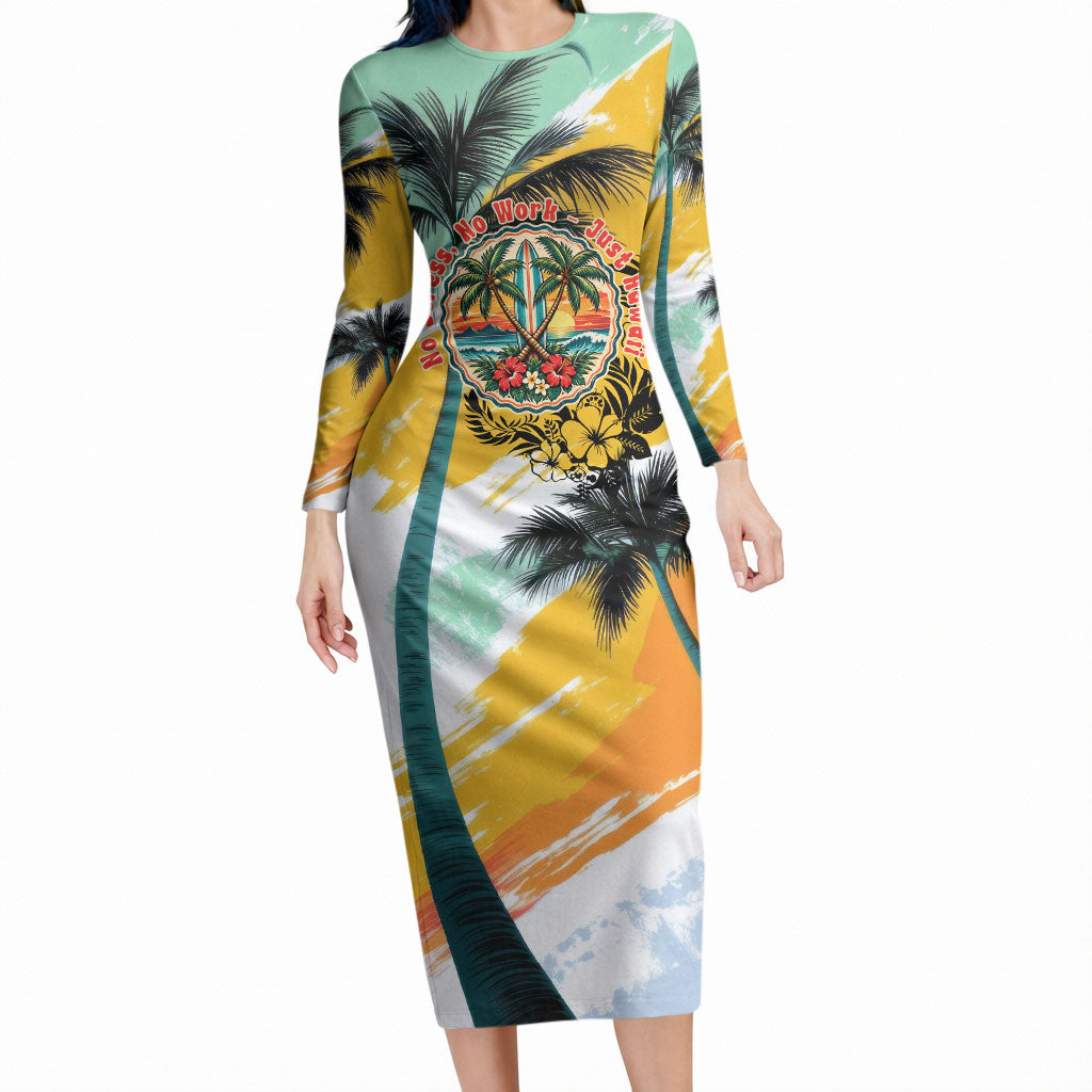 Hawaii Retirement Vacation Long Sleeve Bodycon Dress Tropical Sunset Beach Pink Flamingo Surfboard Palm Tree TS04 Long Dress Yellow Green - Polynesian Pride