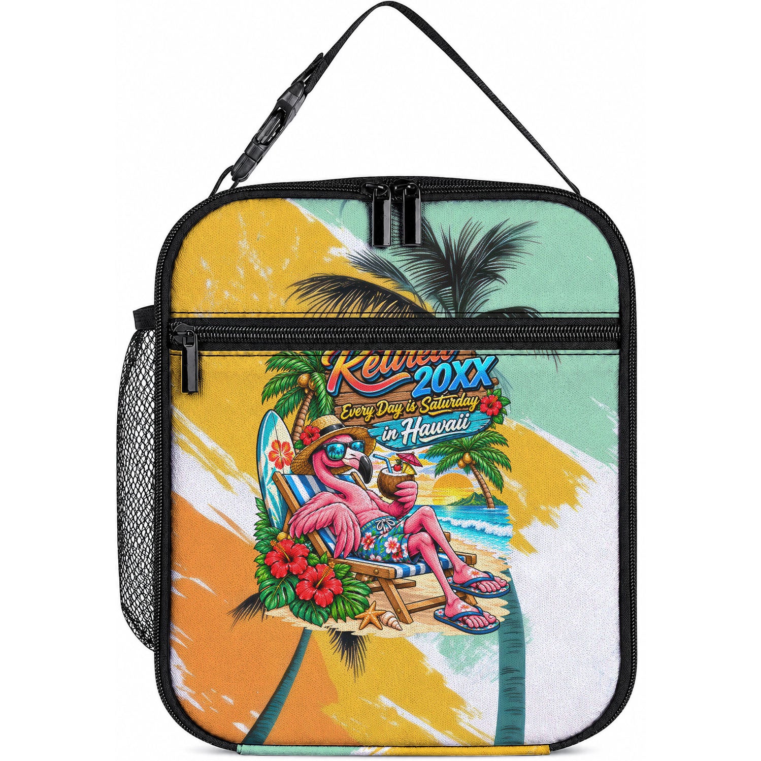 Hawaii Retirement Vacation Lunch Bag Tropical Sunset Beach Pink Flamingo Surfboard Palm Tree TS04 10.2 × 8.3 × 4.3 inch Yellow Green - Polynesian Pride