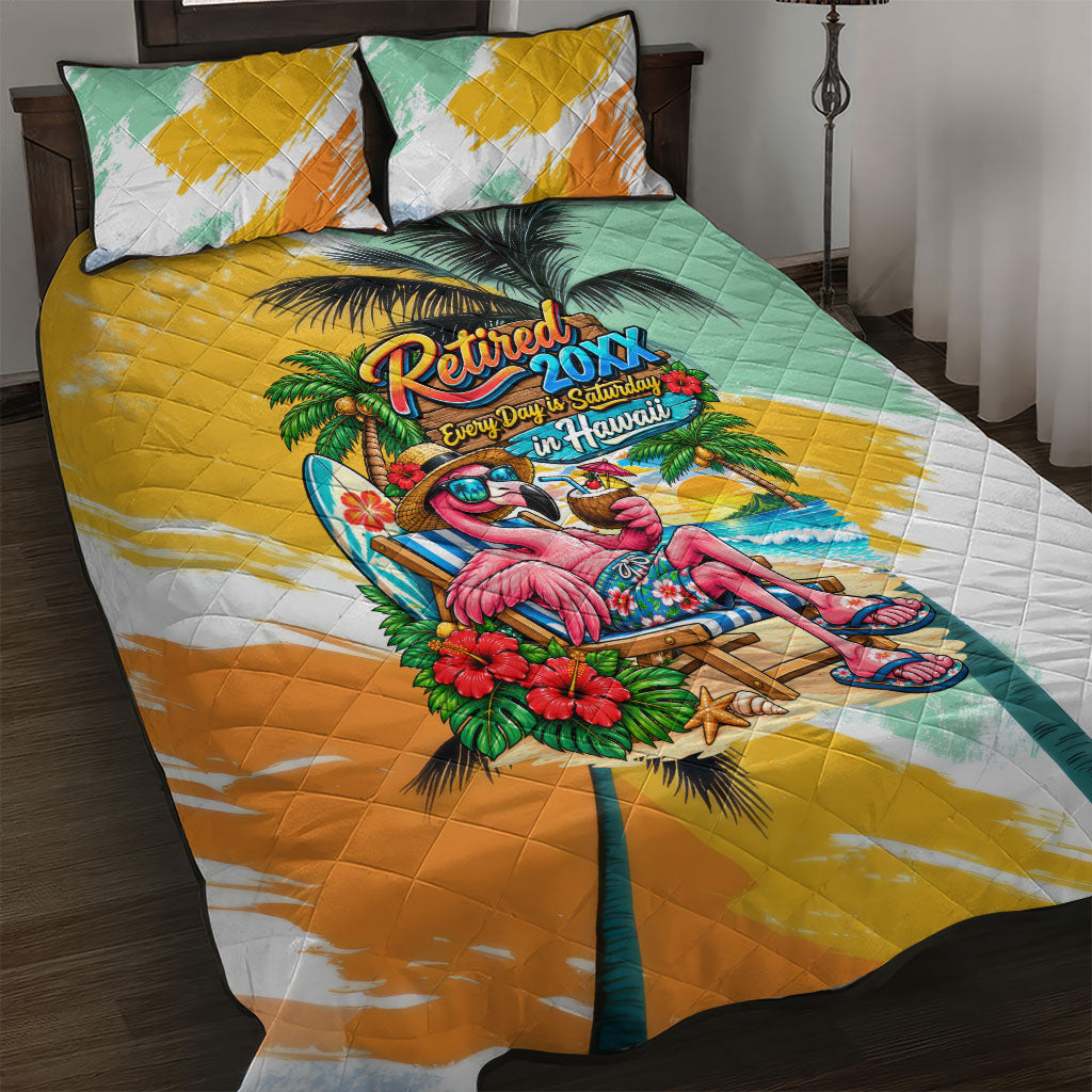 Hawaii Retirement Vacation Quilt Bed Set Tropical Sunset Beach Pink Flamingo Surfboard Palm Tree TS04 Yellow Green - Polynesian Pride