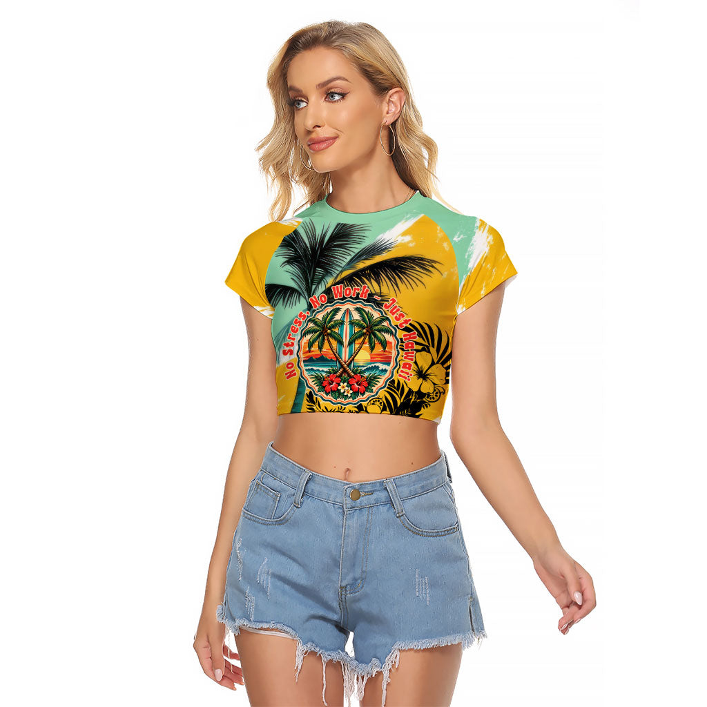 Hawaii Retirement Vacation Raglan Cropped T Shirt Tropical Sunset Beach Pink Flamingo Surfboard Palm Tree TS04 Female Yellow Green - Polynesian Pride