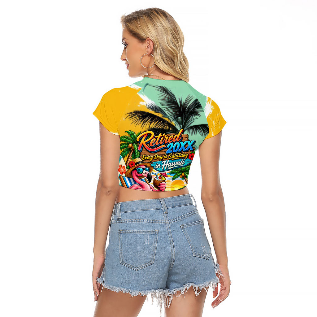 Hawaii Retirement Vacation Raglan Cropped T Shirt Tropical Sunset Beach Pink Flamingo Surfboard Palm Tree TS04 - Polynesian Pride