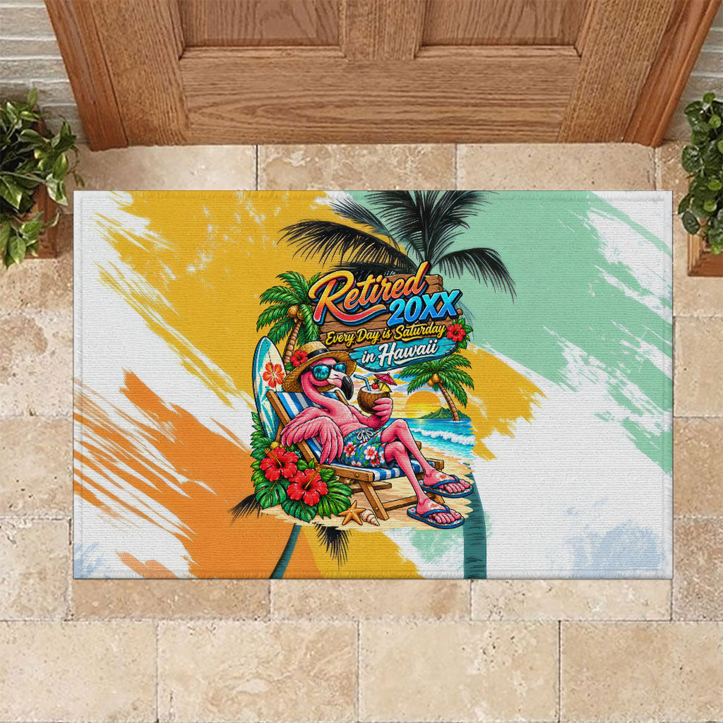 Hawaii Retirement Vacation Rubber Doormat Tropical Sunset Beach Pink Flamingo Surfboard Palm Tree TS04 Yellow Green - Polynesian Pride
