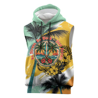 Hawaii Retirement Vacation Sleeveless Hoodie Tropical Sunset Beach Pink Flamingo Surfboard Palm Tree TS04 Yellow Green - Polynesian Pride