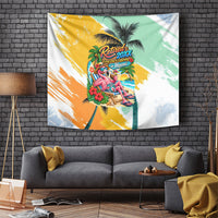 Hawaii Retirement Vacation Tapestry Tropical Sunset Beach Pink Flamingo Surfboard Palm Tree TS04 Yellow Green - Polynesian Pride