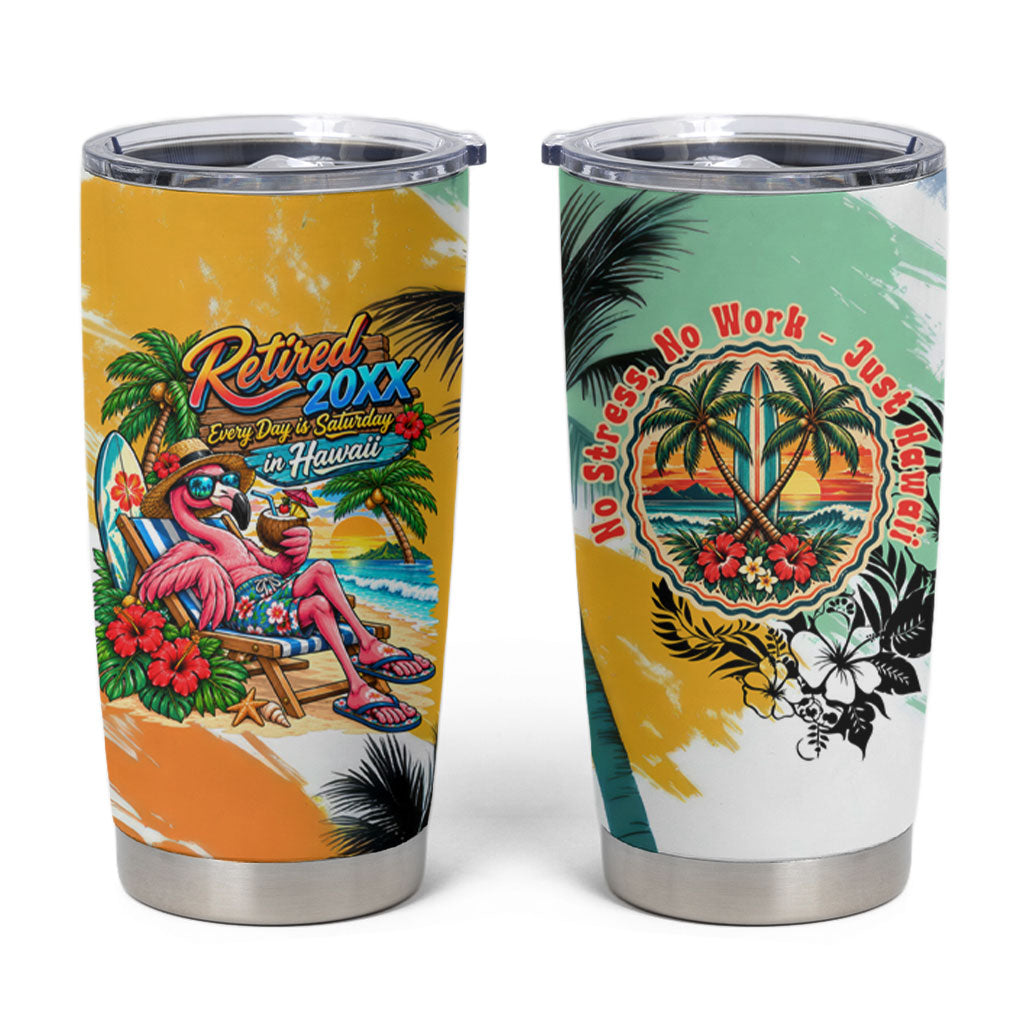 Hawaii Retirement Vacation Tumbler Cup Tropical Sunset Beach Pink Flamingo Surfboard Palm Tree TS04 Yellow Green - Polynesian Pride
