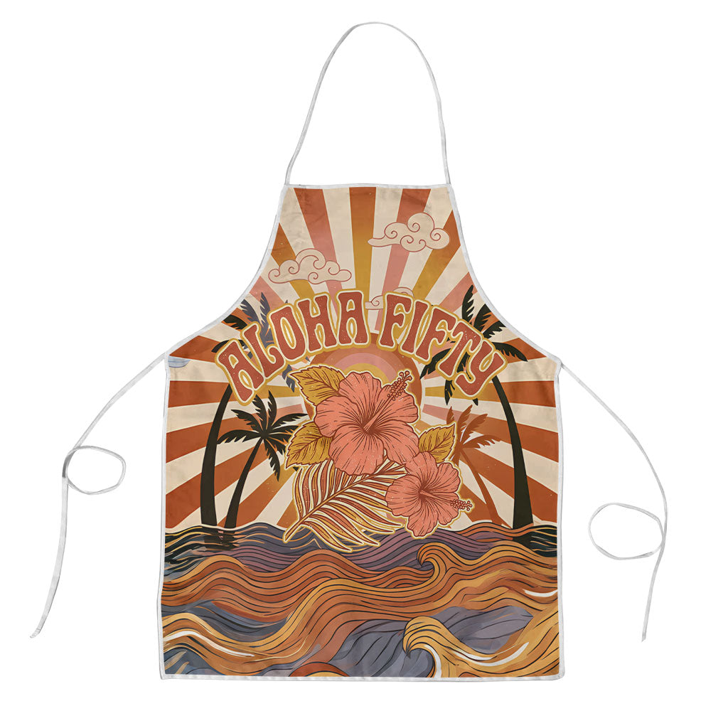 Aloha Nifty 50th Birthday Hawaii Apron Vintage Retro Sunburst Tropical Palm Tree Surfboard Art TS04 Orange Beige - Polynesian Pride