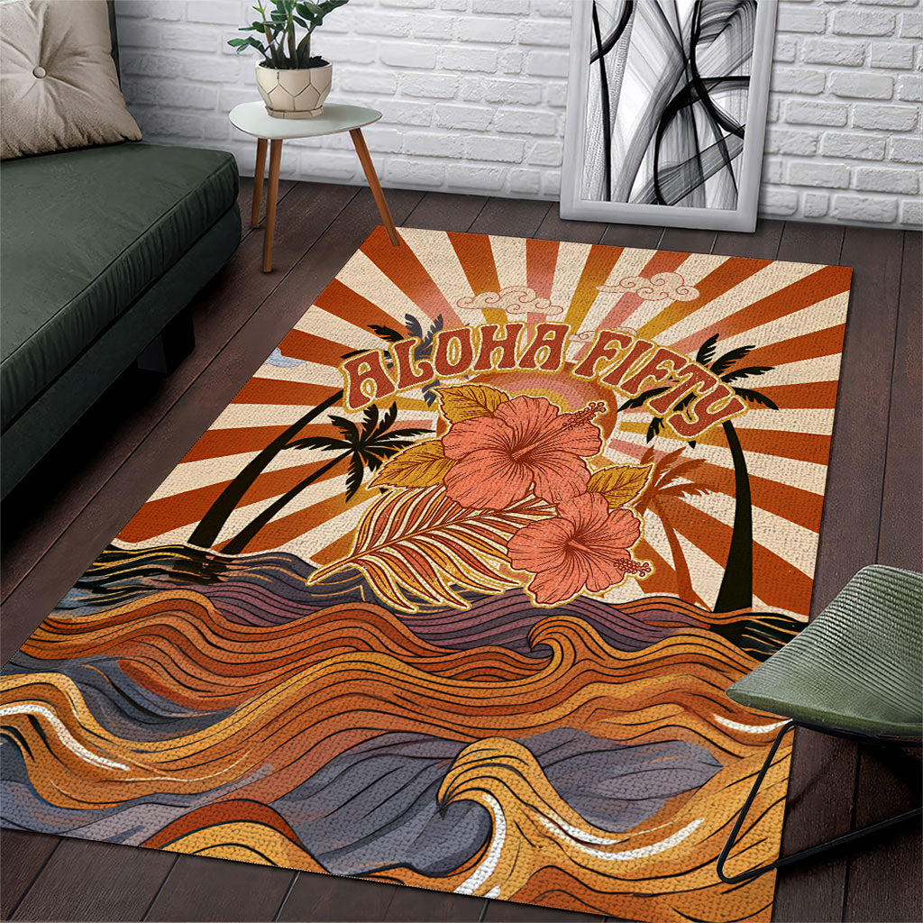 Aloha Nifty 50th Birthday Hawaii Area Rug Vintage Retro Sunburst Tropical Palm Tree Surfboard Art TS04 Orange Beige - Polynesian Pride