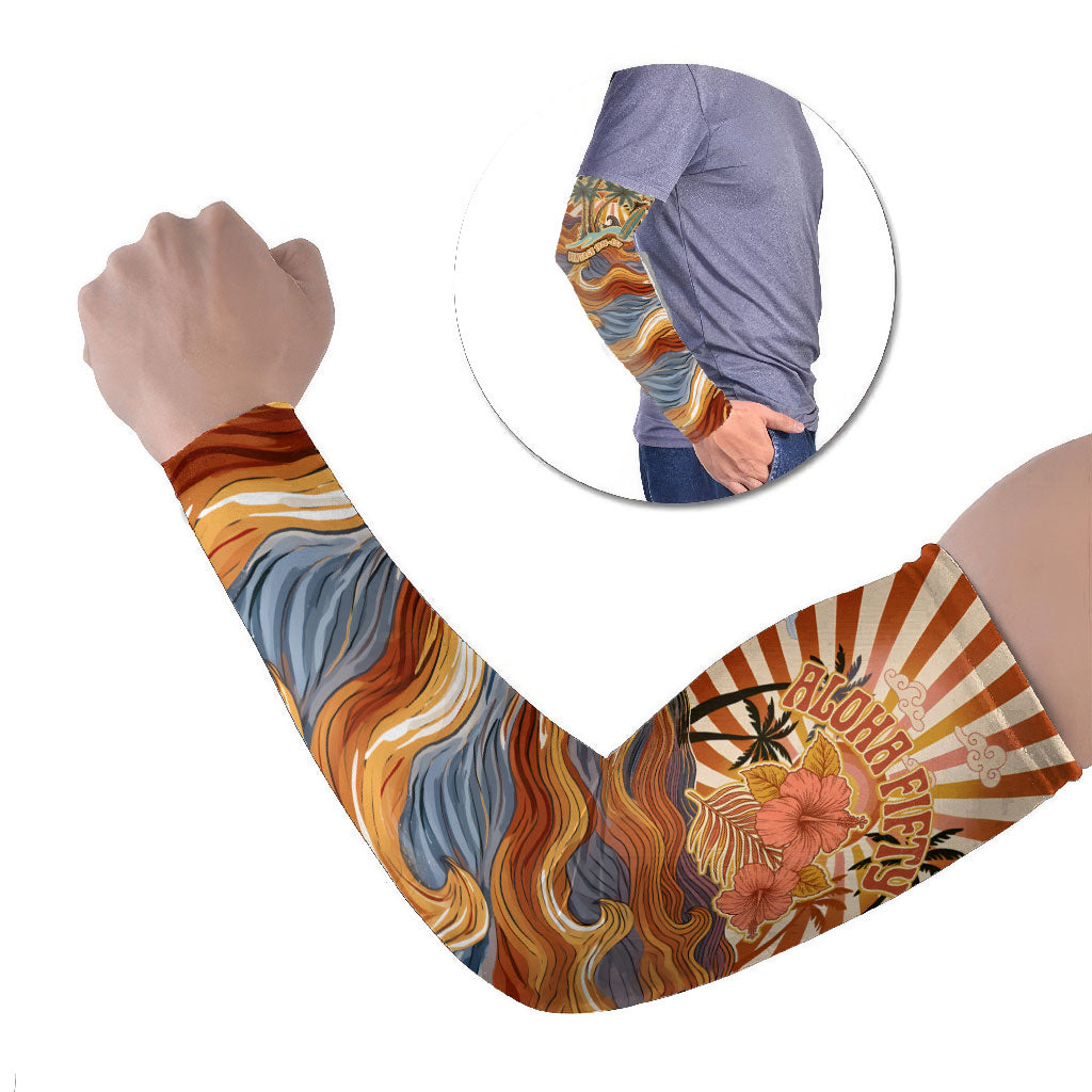 Aloha Nifty 50th Birthday Hawaii Arm Sleeves Vintage Retro Sunburst Tropical Palm Tree Surfboard Art TS04 Set of 2 Orange Beige - Polynesian Pride