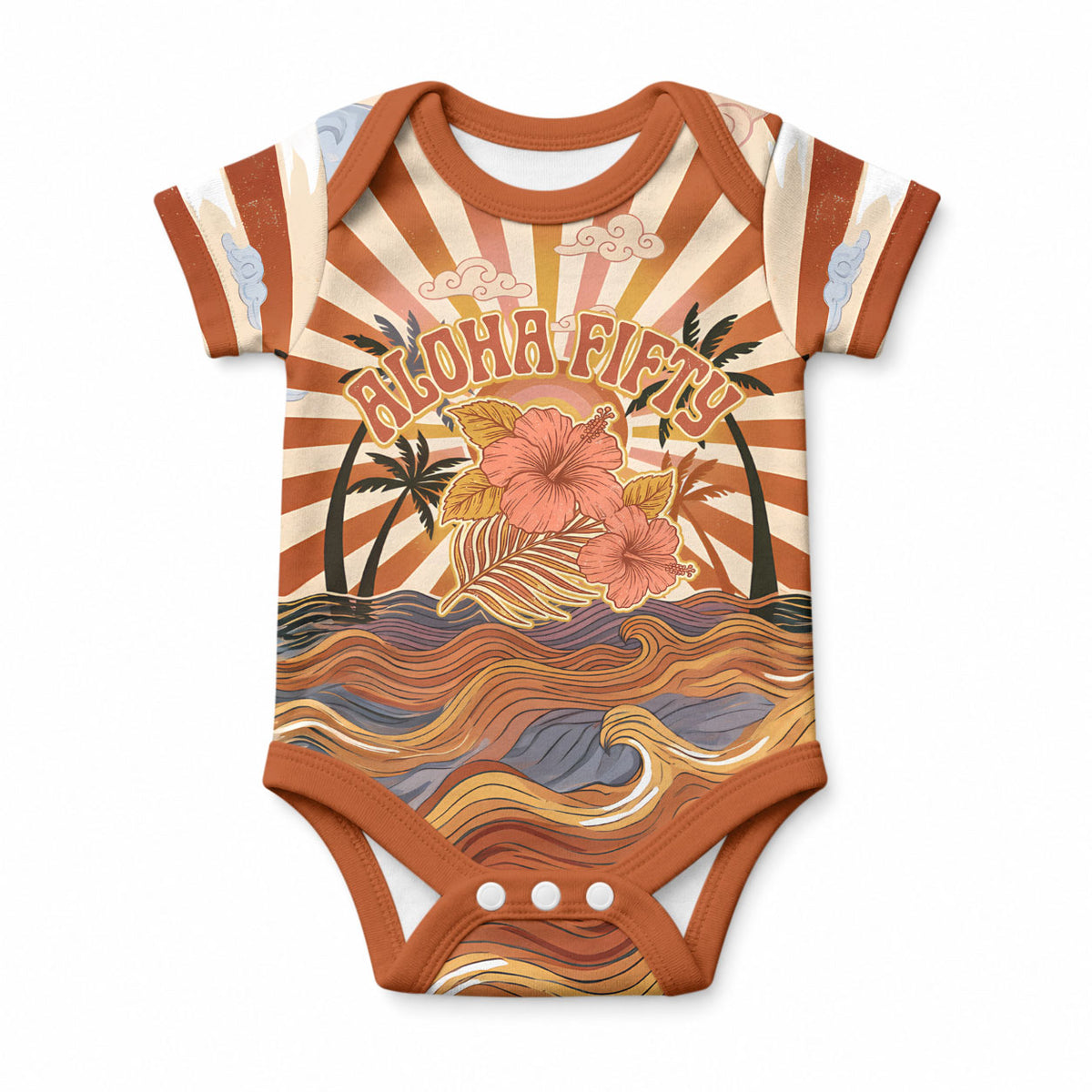 Aloha Nifty 50th Birthday Hawaii Baby Onesie Vintage Retro Sunburst Tropical Palm Tree Surfboard Art TS04 Orange Beige - Polynesian Pride