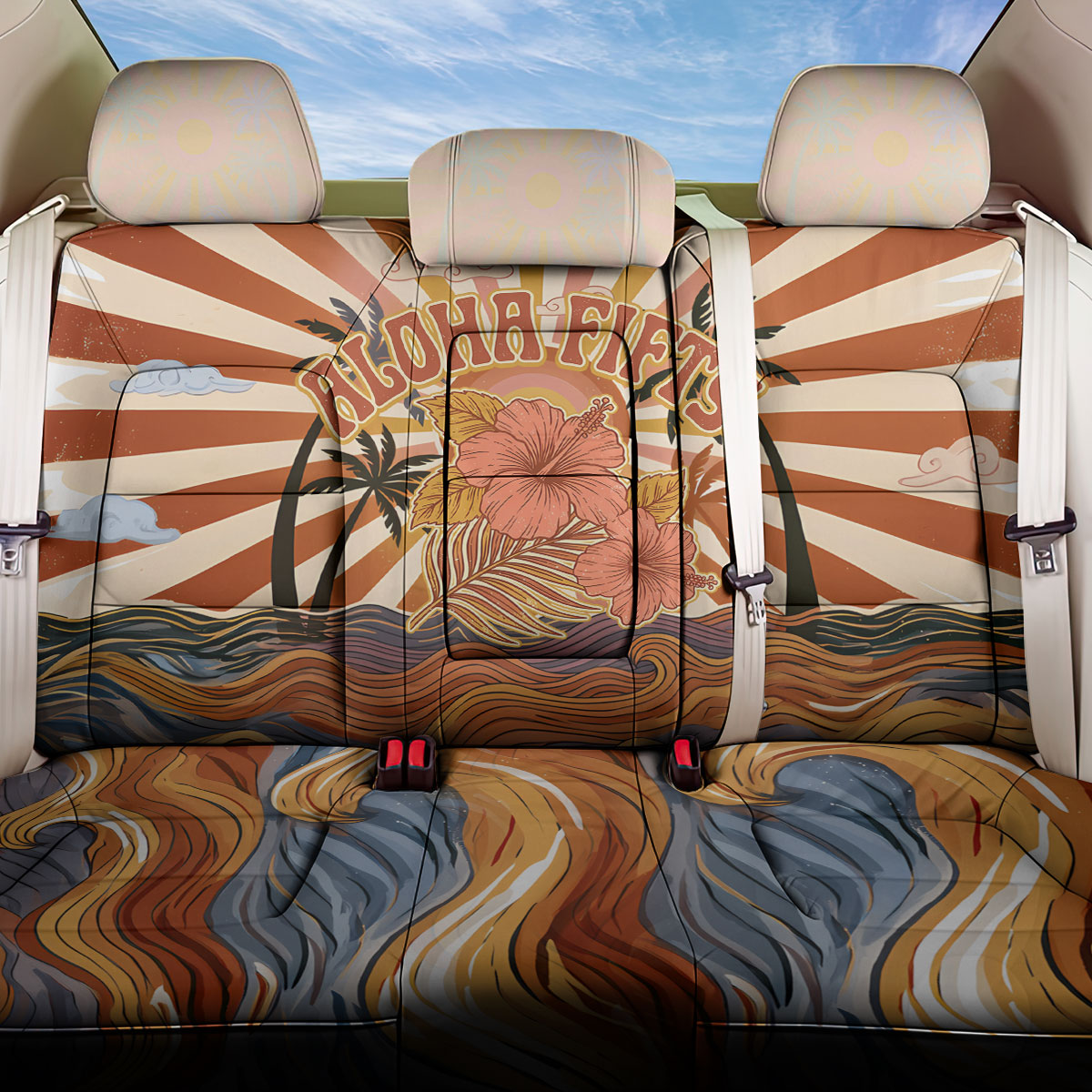 Aloha Nifty 50th Birthday Hawaii Back Car Seat Cover Vintage Retro Sunburst Tropical Palm Tree Surfboard Art TS04 One Size Orange Beige - Polynesian Pride