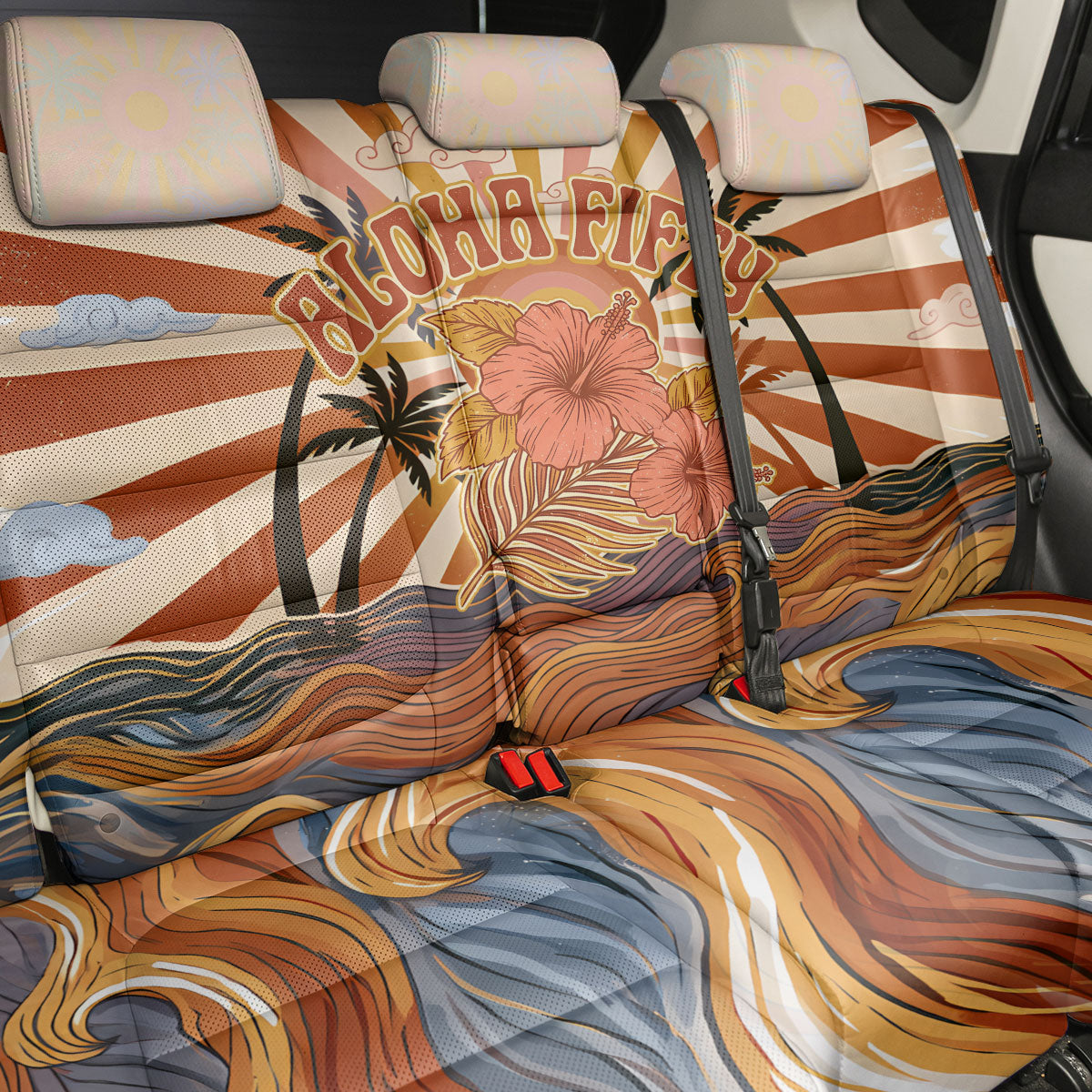 Aloha Nifty 50th Birthday Hawaii Back Car Seat Cover Vintage Retro Sunburst Tropical Palm Tree Surfboard Art TS04 - Polynesian Pride