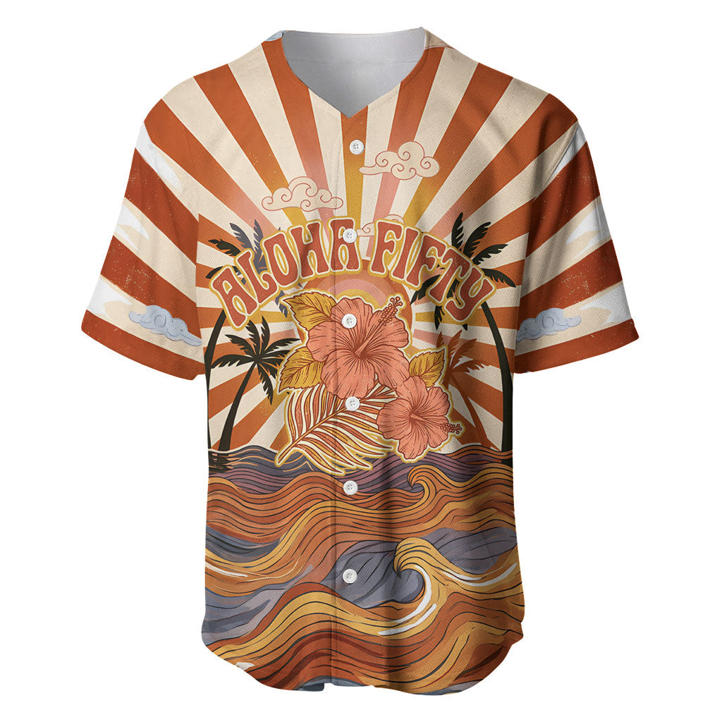 Aloha Nifty 50th Birthday Hawaii Baseball Jersey Vintage Retro Sunburst Tropical Palm Tree Surfboard Art TS04 Orange Beige - Polynesian Pride
