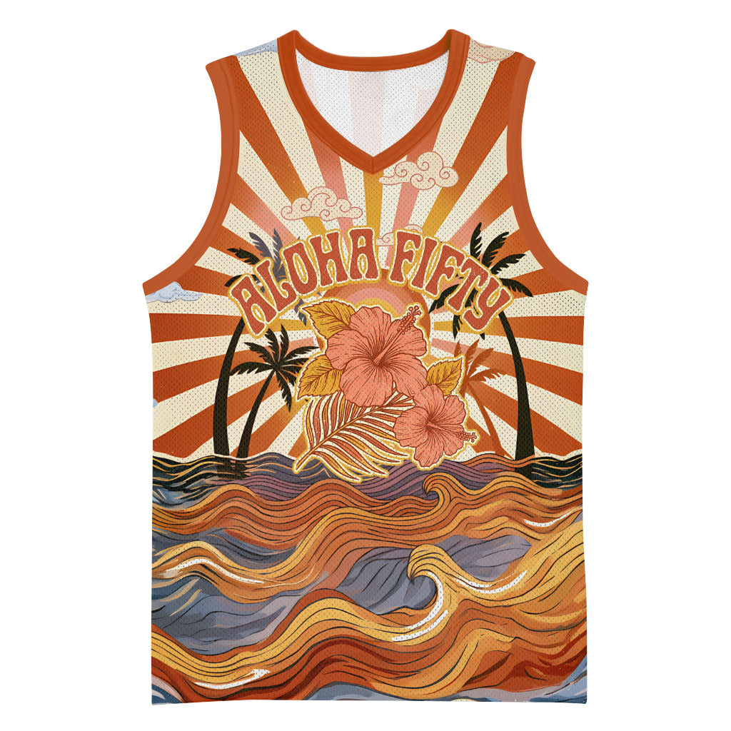 Aloha Nifty 50th Birthday Hawaii Basketball Jersey Vintage Retro Sunburst Tropical Palm Tree Surfboard Art TS04 Unisex Orange Beige - Polynesian Pride
