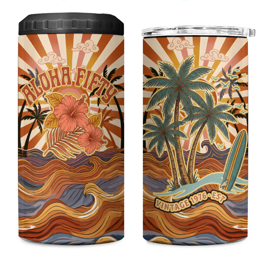 Aloha Nifty 50th Birthday Hawaii 4 in 1 Can Cooler Tumbler Vintage Retro Sunburst Tropical Palm Tree Surfboard Art TS04 One Size: 16 oz Orange Beige - Polynesian Pride