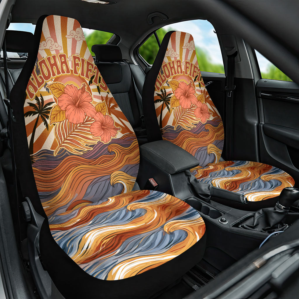 Aloha Nifty 50th Birthday Hawaii Car Seat Cover Vintage Retro Sunburst Tropical Palm Tree Surfboard Art TS04 One Size Orange Beige - Polynesian Pride