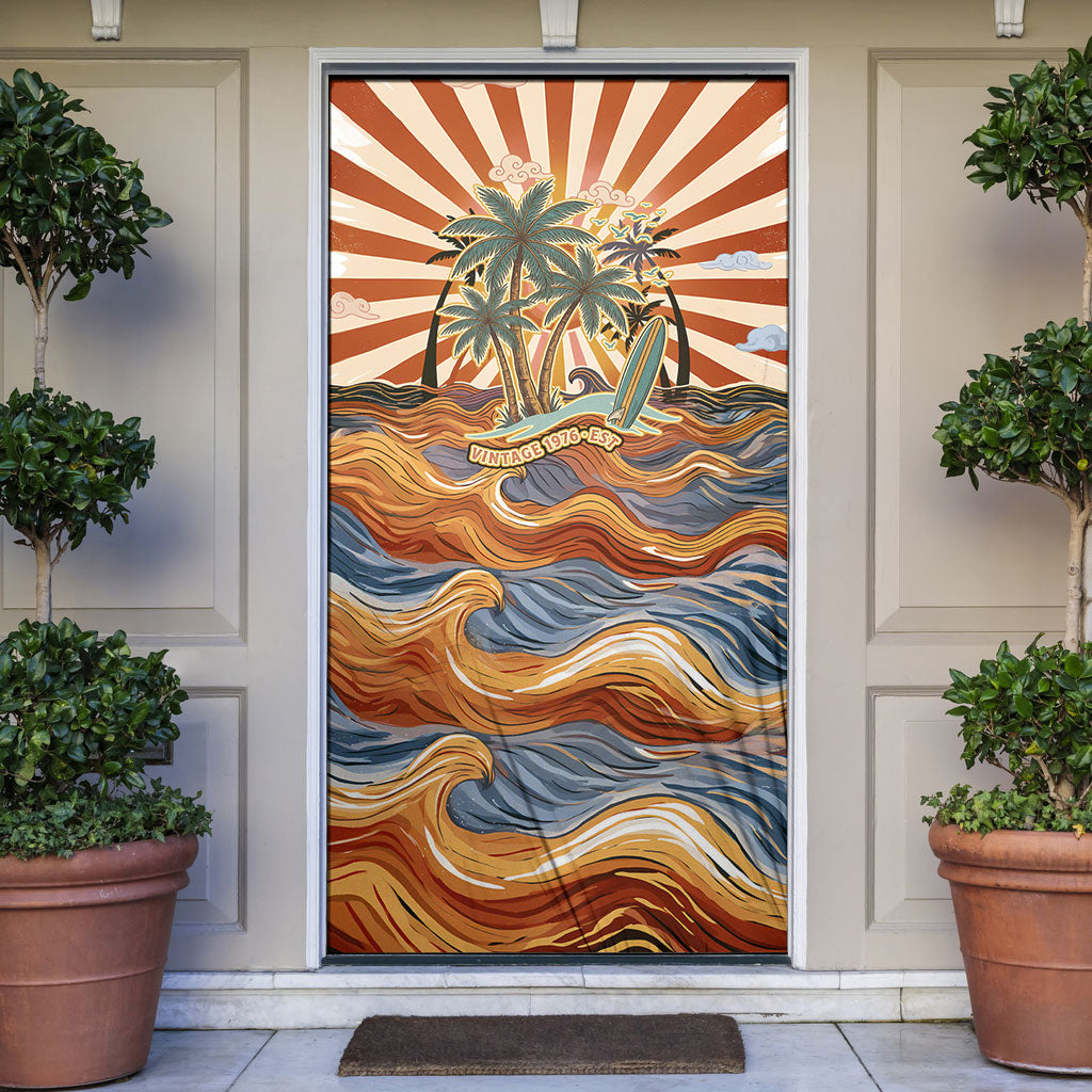 Aloha Nifty 50th Birthday Hawaii Door Cover Vintage Retro Sunburst Tropical Palm Tree Surfboard Art TS04 Orange Beige - Polynesian Pride