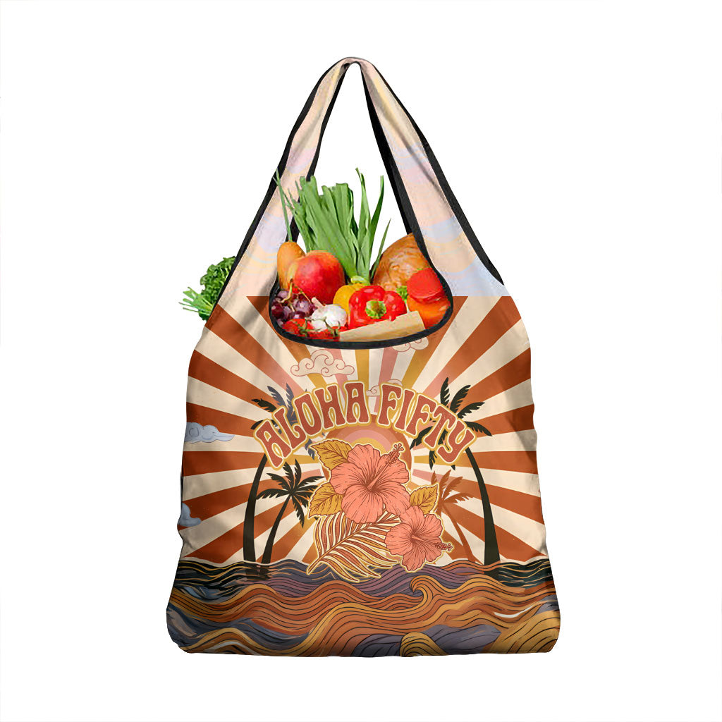 Aloha Nifty 50th Birthday Hawaii Grocery Bag Vintage Retro Sunburst Tropical Palm Tree Surfboard Art TS04 1-pack One Size Orange Beige - Polynesian Pride
