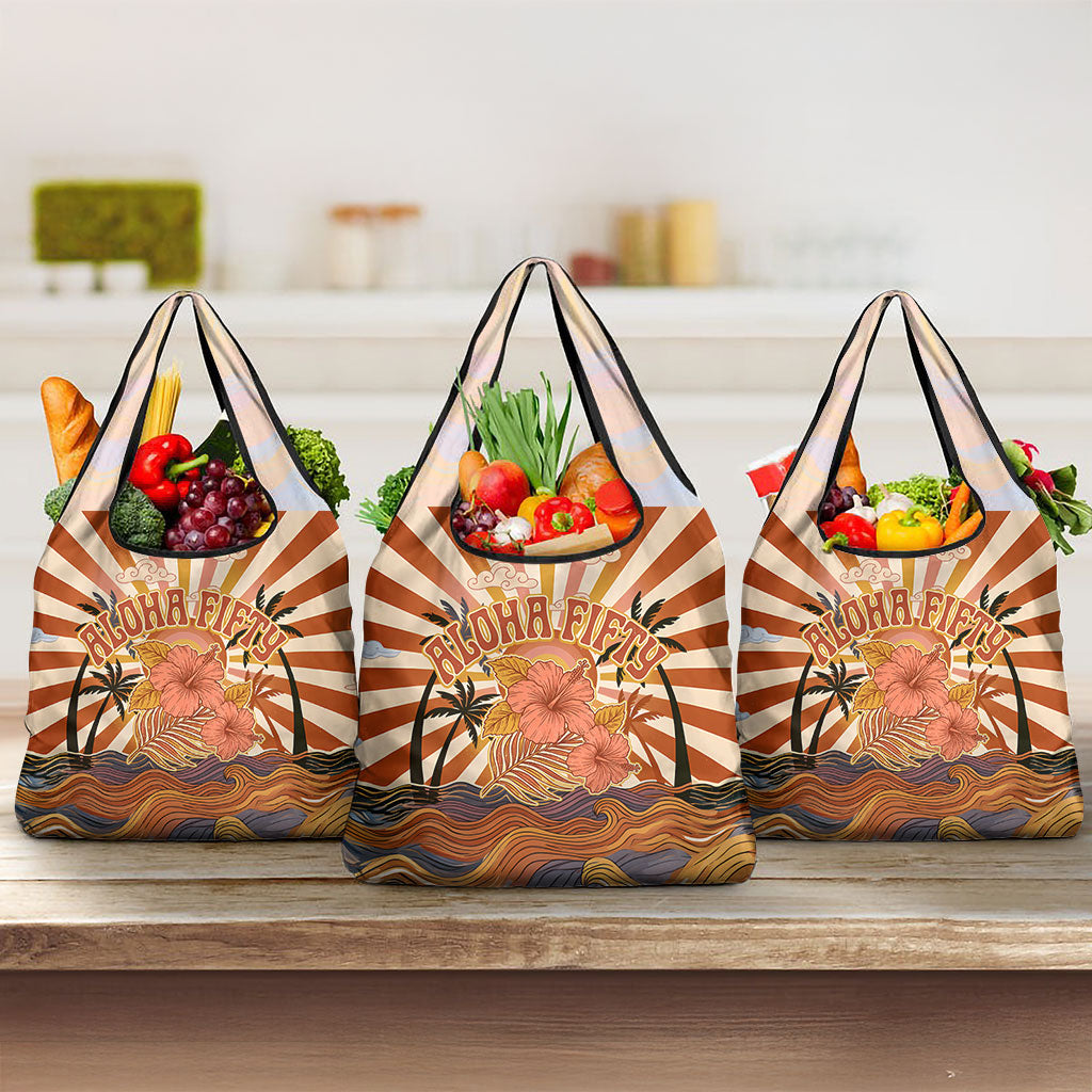 Aloha Nifty 50th Birthday Hawaii Grocery Bag Vintage Retro Sunburst Tropical Palm Tree Surfboard Art TS04 3-pack One Size Orange Beige - Polynesian Pride