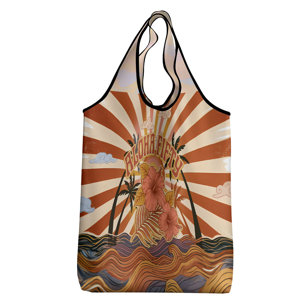 Aloha Nifty 50th Birthday Hawaii Grocery Bag Vintage Retro Sunburst Tropical Palm Tree Surfboard Art TS04 - Polynesian Pride