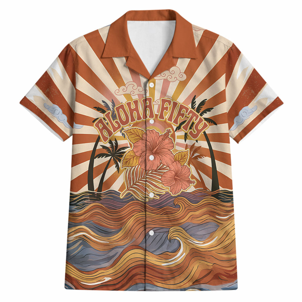 Aloha Nifty 50th Birthday Hawaii Hawaiian Shirt Vintage Retro Sunburst Tropical Palm Tree Surfboard Art TS04 Orange Beige - Polynesian Pride