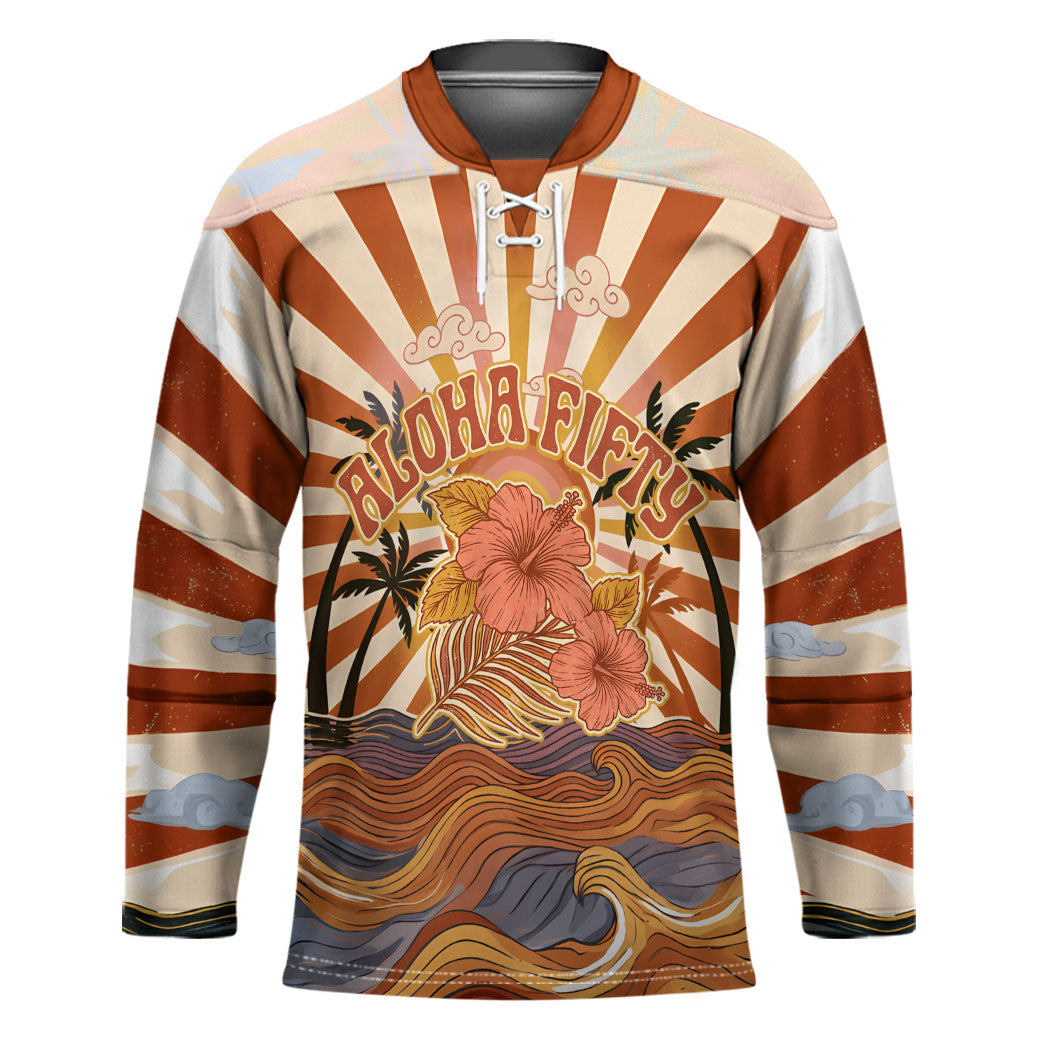 Aloha Nifty 50th Birthday Hawaii Hockey Jersey Vintage Retro Sunburst Tropical Palm Tree Surfboard Art TS04 Unisex Orange Beige - Polynesian Pride