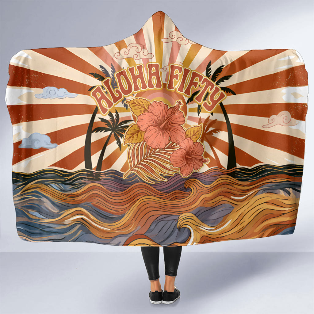 Aloha Nifty 50th Birthday Hawaii Hooded Blanket Vintage Retro Sunburst Tropical Palm Tree Surfboard Art TS04 One Size Orange Beige - Polynesian Pride