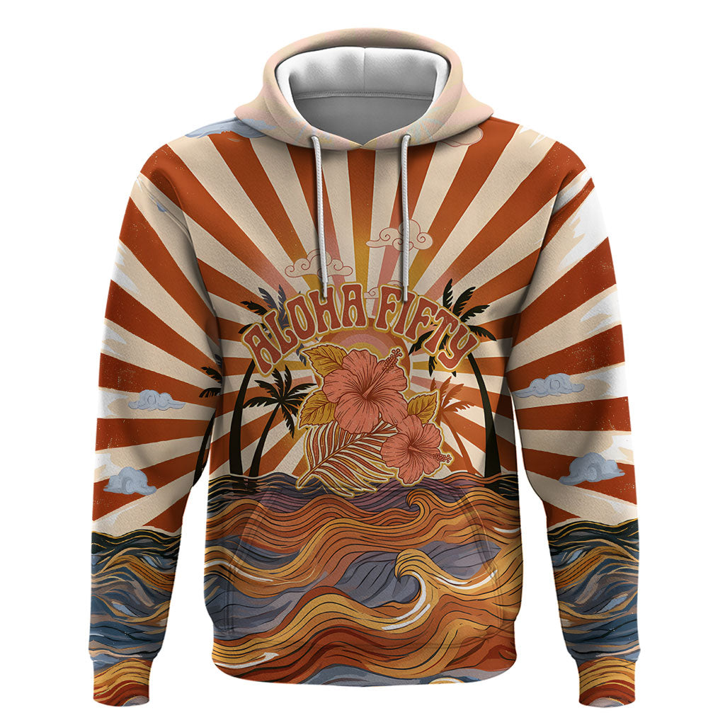 Aloha Nifty 50th Birthday Hawaii Hoodie Vintage Retro Sunburst Tropical Palm Tree Surfboard Art TS04 Pullover Hoodie Orange Beige - Polynesian Pride