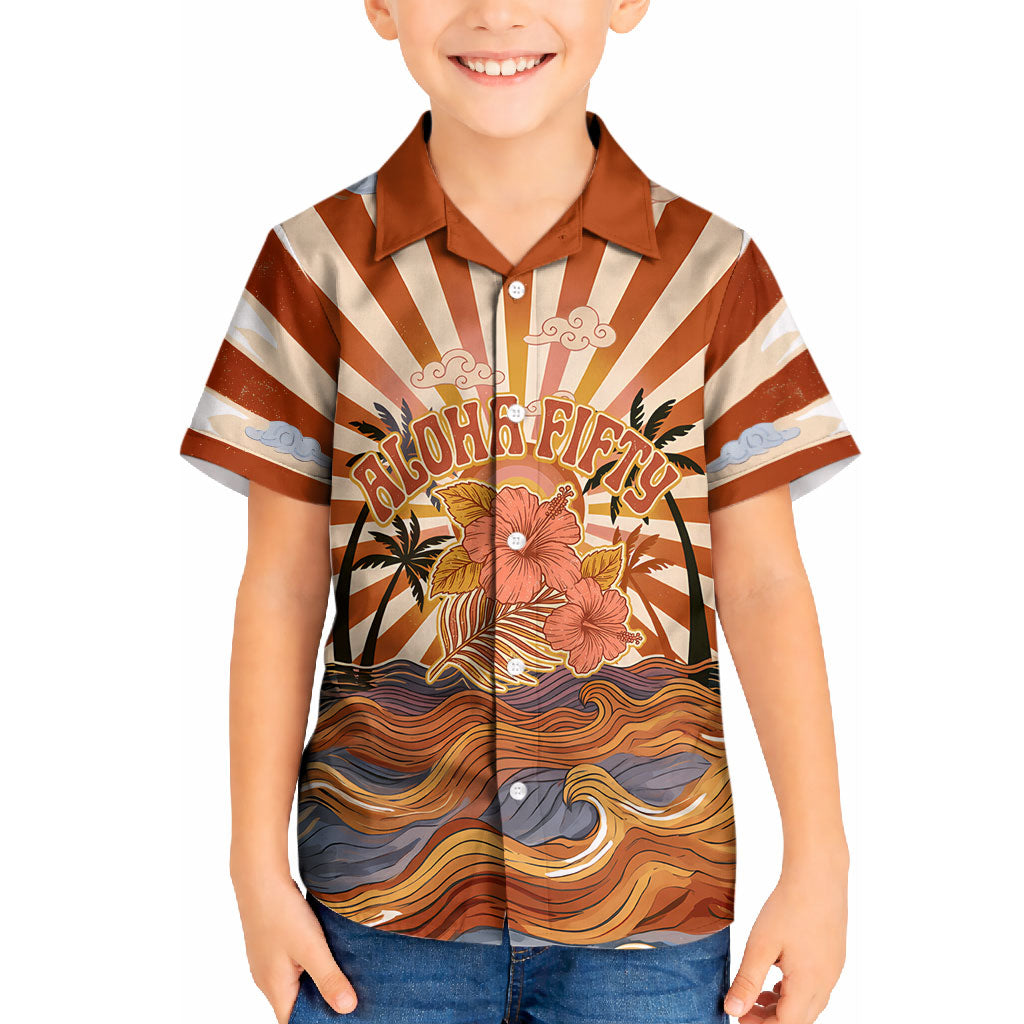 Aloha Nifty 50th Birthday Hawaii Kid Hawaiian Shirt Vintage Retro Sunburst Tropical Palm Tree Surfboard Art TS04 Kid Orange Beige - Polynesian Pride