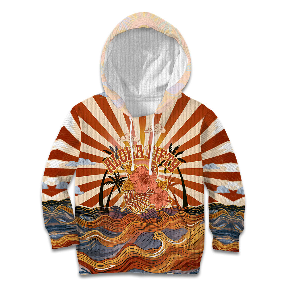 Aloha Nifty 50th Birthday Hawaii Kid Hoodie Vintage Retro Sunburst Tropical Palm Tree Surfboard Art TS04 Hoodie Orange Beige - Polynesian Pride